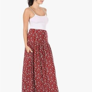 Floral Red Maxi Skirt Ankle Length SIZE S w/side pockets!